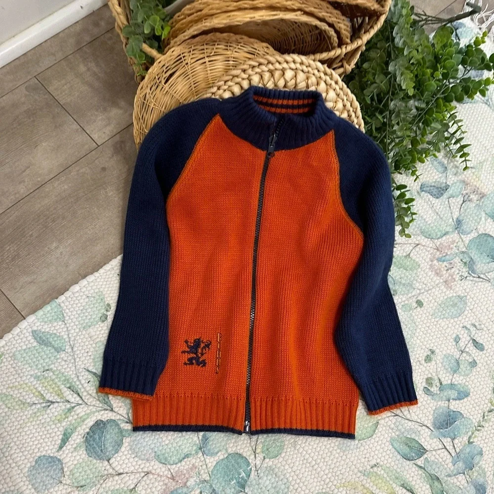 Vintage Boys Orange Navy Blue Knit Sweater Jacket Coat Size Small Netherlands